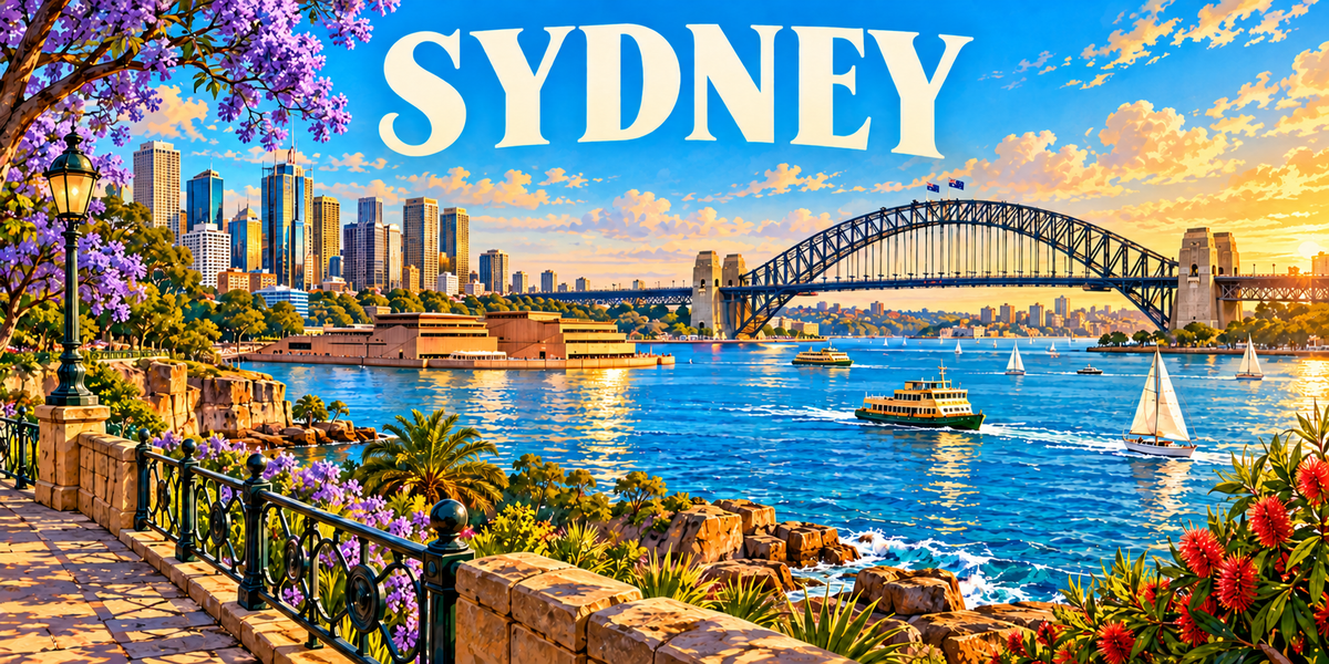 Visuel « SYDNEY » : Harbour Bridge, ferry et voiliers du port sous les jacarandas violets