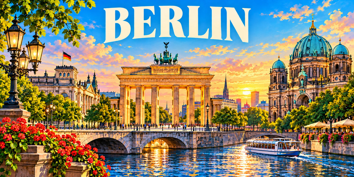 Panorama de Berlin : le nom BERLIN en capitales blanches, des réverbères et des géraniums rouges à gauche, un portique néoclassique à colonnes surmonté d'un quadrige au centre, une cathédrale à coupole verte à droite, un pont de pierre et un bateau-mouche sur la rivière