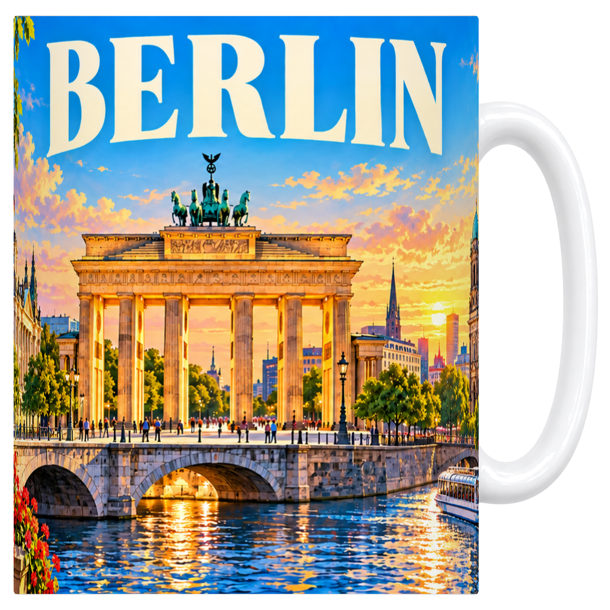 Mug blanc en céramique 330 ml illustré d'un panorama de Berlin au coucher du soleil