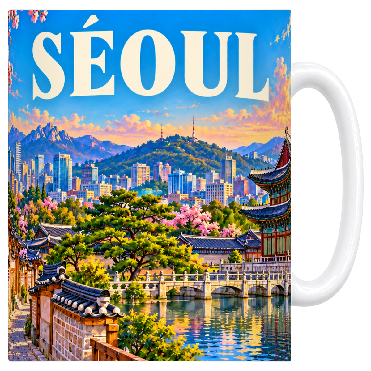 Mug blanc en céramique 330 ml illustré d'une affiche de Séoul