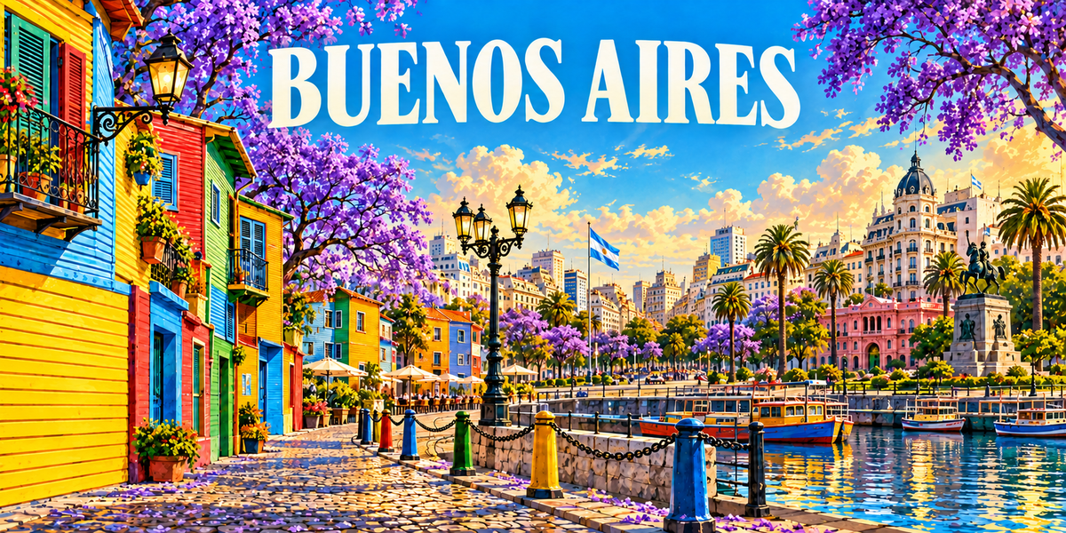 Panorama de Buenos Aires : le nom BUENOS AIRES en capitales blanches, une rue de maisons en tôle peinte de couleurs vives à gauche, des jacarandas en fleurs violettes, une large avenue, un édifice à coupole et une statue équestre au centre, un quai et des barques amarrées à droite