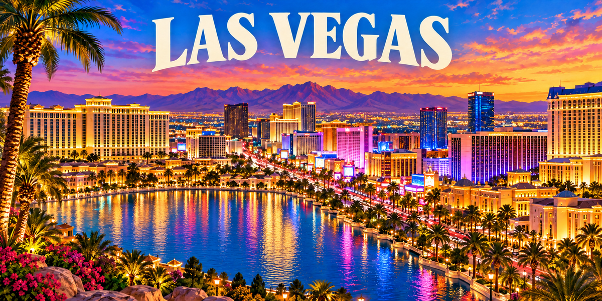 Panorama de Las Vegas : le nom LAS VEGAS en capitales blanches, des palmiers et un réverbère à gauche, une avenue bordée de grands hôtels illuminés de rose et de violet au centre, un plan d'eau reflétant les lumières et des montagnes désertiques à l'horizon