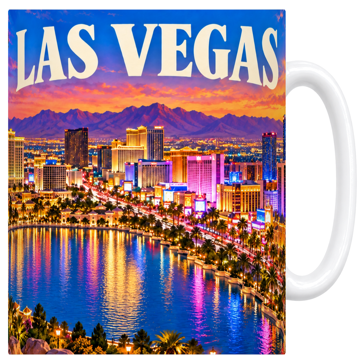 Mug blanc en céramique 330 ml illustré d'un panorama de Las Vegas à la tombée du jour