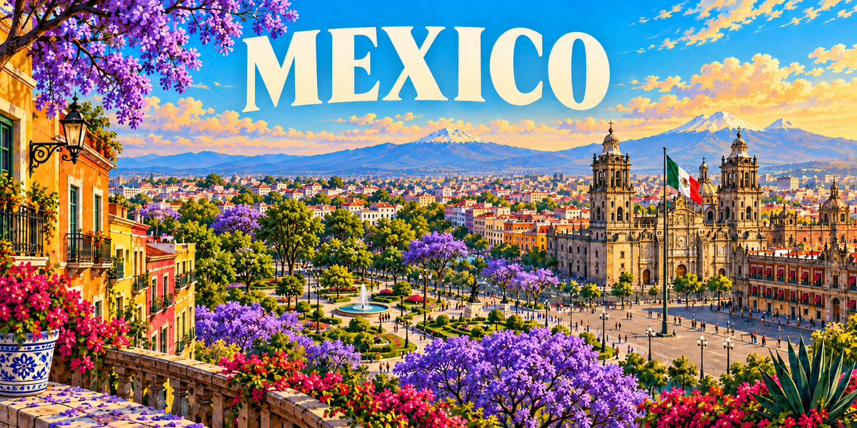 Affiche de Mexico : le nom en grandes capitales claires, une rue coloniale et ses balcons a gauche, les jacarandas en fleurs, la grande place et ses edifices a coupoles, les volcans enneiges au fond et un drapeau mexicain