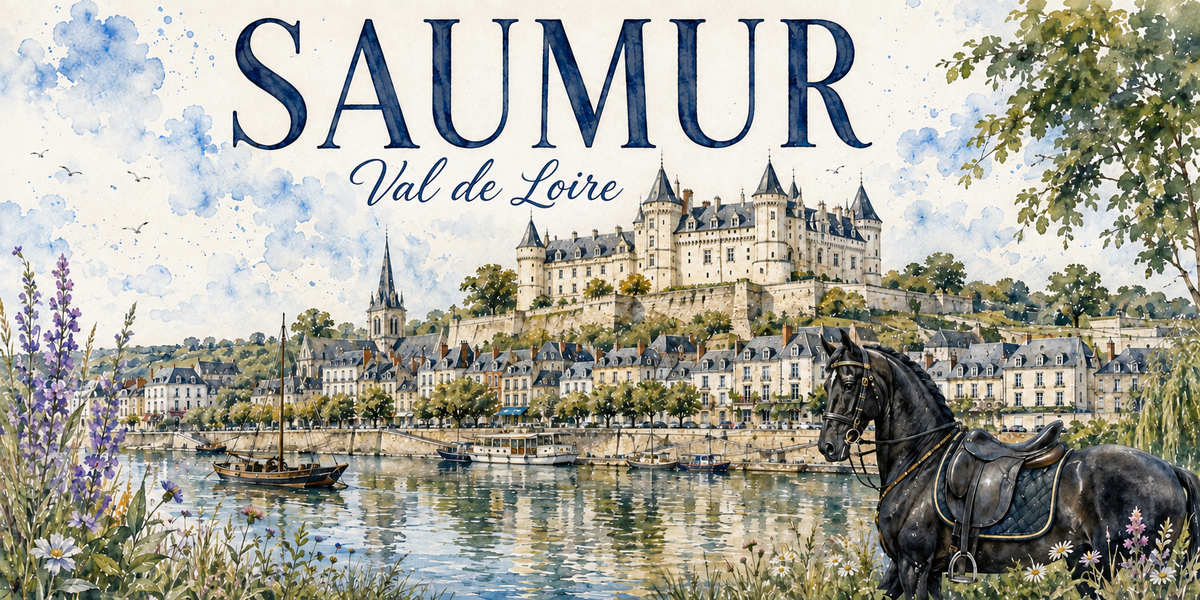 Aquarelle de Saumur : le nom en grandes capitales bleues et le sous-titre Val de Loire, le chateau blanc et ses tourelles sur la colline, les quais et les toits d'ardoise de la ville, la Loire et ses bateaux traditionnels, et un cheval noir selle au premier plan a droite