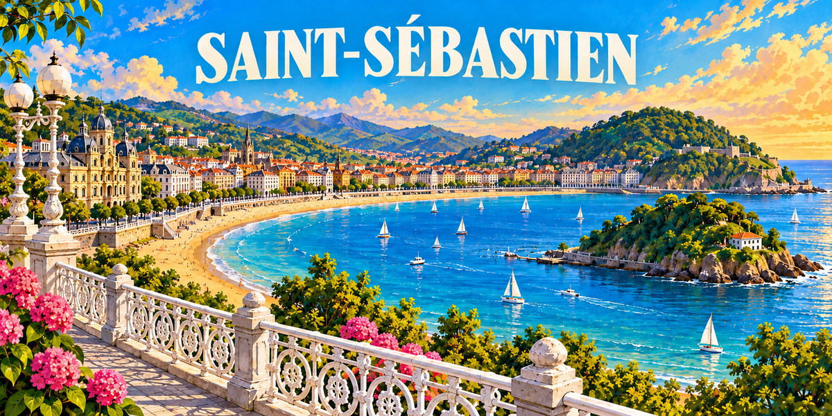 Affiche de Saint-Sébastien : le nom en grandes capitales blanches, une balustrade blanche ajourée, un réverbère et des hortensias à gauche, les façades du front de mer, la plage en croissant et la baie turquoise, l'île boisée au centre, la colline verte et ses fortifications à droite