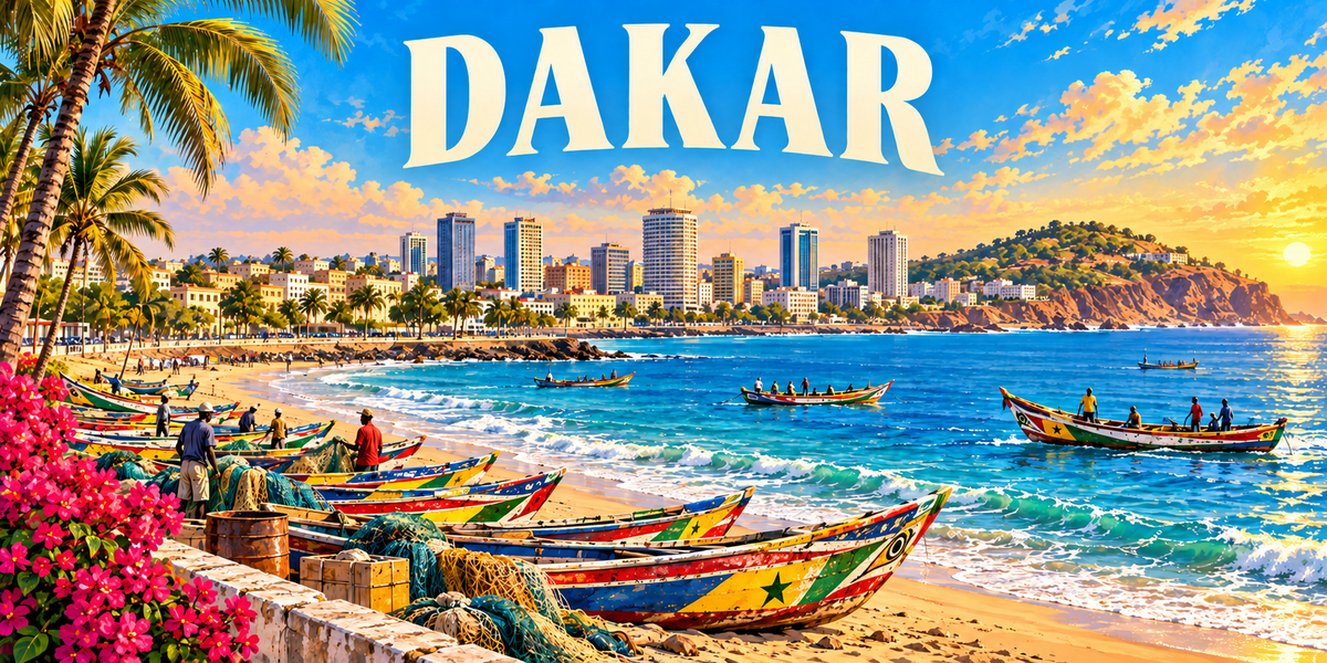 Panorama de Dakar : le nom DAKAR en capitales blanches, des cocotiers et des bougainvilliers à gauche, des pirogues peintes de motifs colorés tirées sur le sable, des pêcheurs à l'ouvrage, une baie, la ville et une presqu'île boisée au soleil couchant à droite