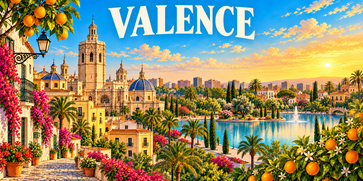 Affiche de Valence : le nom en grandes capitales blanches, une ruelle à balcons fleuris et un oranger à gauche, la cathédrale, son clocher octogonal et les coupoles bleues de la vieille ville, un jardin planté de palmiers et son bassin à jets d'eau au centre, la ville au coucher du soleil et des branches d'oranger au premier plan