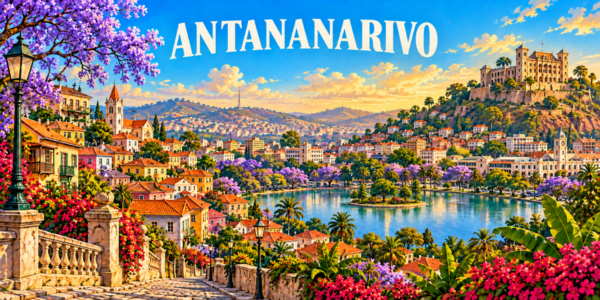 Panorama d'Antananarivo : le nom ANTANANARIVO en capitales blanches, une balustrade de pierre et des jacarandas en fleurs à gauche, des maisons à toits de tuiles étagées sur les collines, un lac au centre, un palais de pierre sur la crête à droite