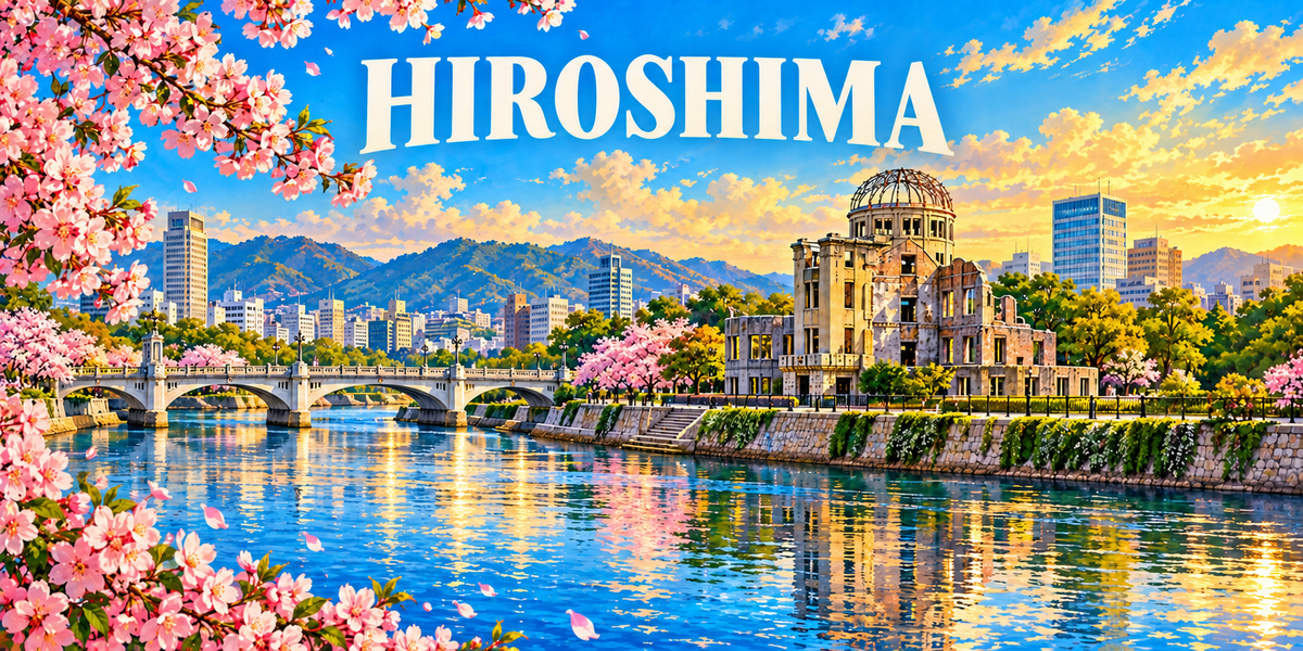 Panorama d'Hiroshima : le nom HIROSHIMA en capitales blanches, des branches de cerisiers en fleurs à gauche, une rivière bordée de quais, des ponts de pierre, un bâtiment ancien à charpente de dôme sur la berge au centre, la ville moderne et des collines à droite