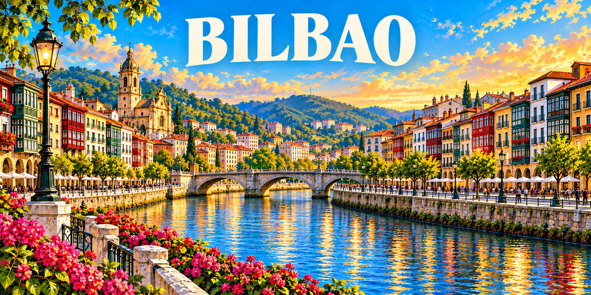 Illustration affiche vintage Bilbao : un réverbère en fer, les façades à miradors colorés des deux quais, le clocher baroque, le pont de pierre à trois arches sur le Nervión, les terrasses et les collines vertes