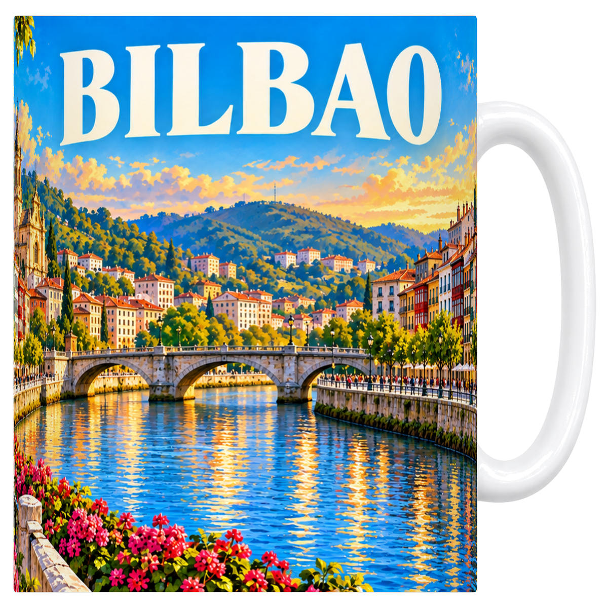 Mug en céramique blanc 330 ml, affiche Bilbao : les façades à miradors colorés des quais, le clocher baroque, le pont de pierre et les collines vertes