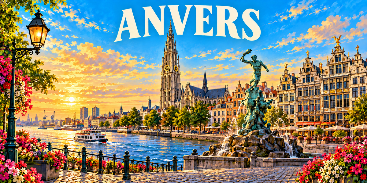 Panorama d'Anvers : le nom ANVERS en capitales blanches, un réverbère et des fleurs roses à gauche, une cathédrale gothique à haute flèche, une fontaine à statue de bronze vert au centre, des maisons à pignons dorés, un fleuve, des grûes portuaires et des pavés au premier plan