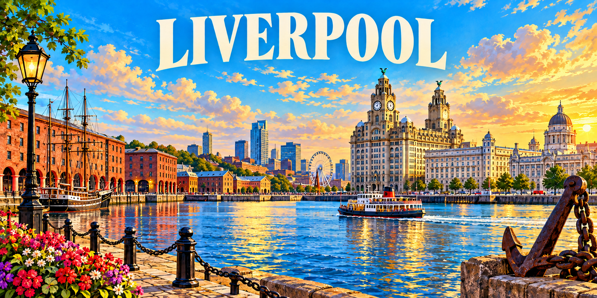 Panorama de Liverpool : le nom LIVERPOOL en capitales blanches, un entrepôt de brique rouge et un grand voilier à gauche, un bassin portuaire, trois édifices monumentaux à tours-horloges et coupole au centre, un ferry, une grande roue et une ancre rouillée à droite