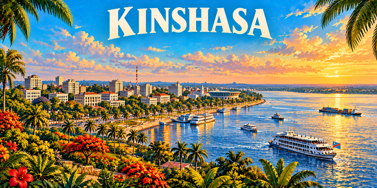 Affiche de Kinshasa : le nom en grandes capitales claires, les immeubles et les toits de la ville le long du boulevard, des palmiers et des flamboyants en fleurs au premier plan, le fleuve Congo au soleil couchant avec ses bateaux-promenade et ses cargos