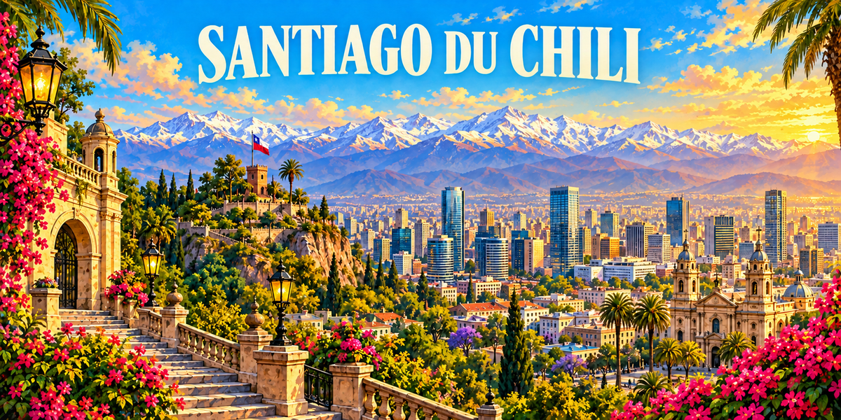 Affiche de Santiago du Chili : le nom en grandes capitales blanches, un escalier de pierre à balustrade, une porte monumentale et des bougainvilliers à gauche, une colline boisée surmontée d'une tour et du drapeau chilien, les immeubles du centre au centre, une église à coupoles à droite, des jacarandas et la cordillère des Andes enneigée au fond