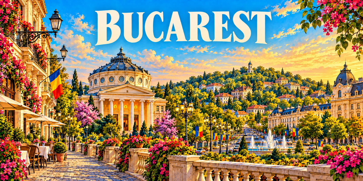 Panorama de Bucarest : le nom BUCAREST en capitales blanches, une terrasse fleurie et un drapeau roumain à gauche, un édifice rond à colonnes et coupole au centre, une avenue arborée, des jets d'eau, une colline boisée et un grand bâtiment à coupole à droite