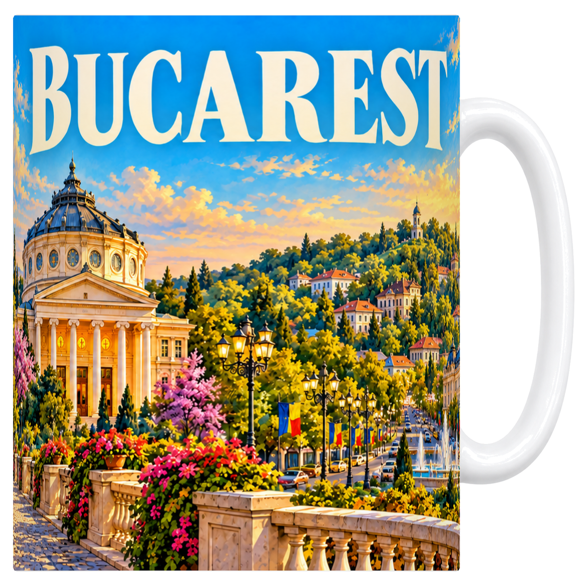 Mug blanc en céramique 330 ml illustré d'un panorama de Bucarest au coucher du soleil