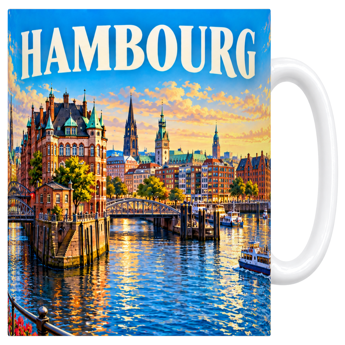 Mug blanc en céramique 330 ml illustré d'un panorama de Hambourg sur le port