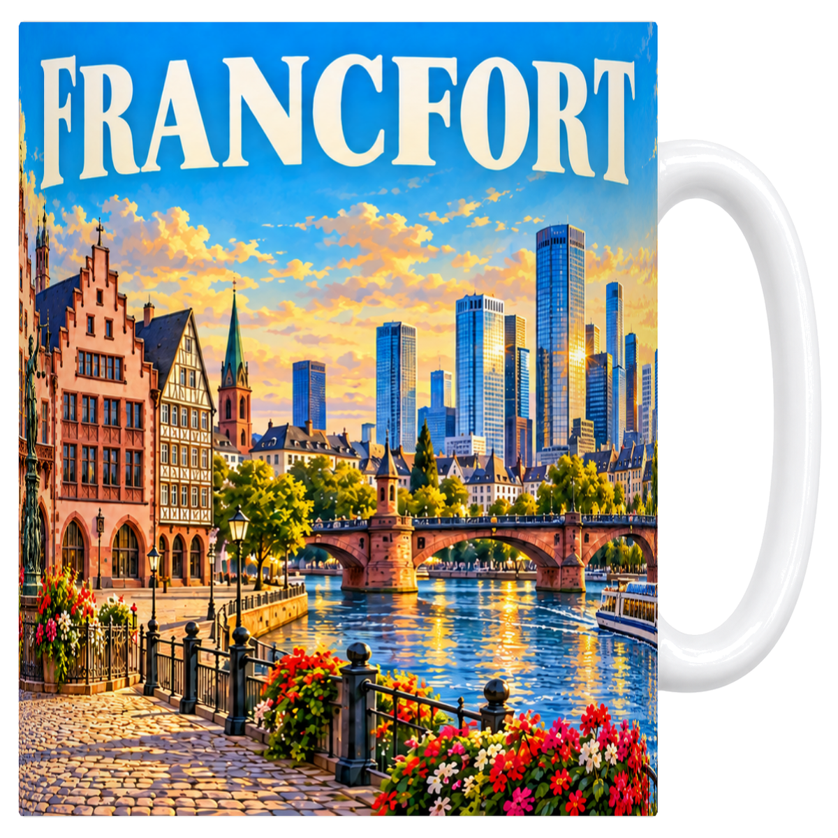 Mug blanc en céramique 330 ml illustré d'un panorama de Francfort sur le Main
