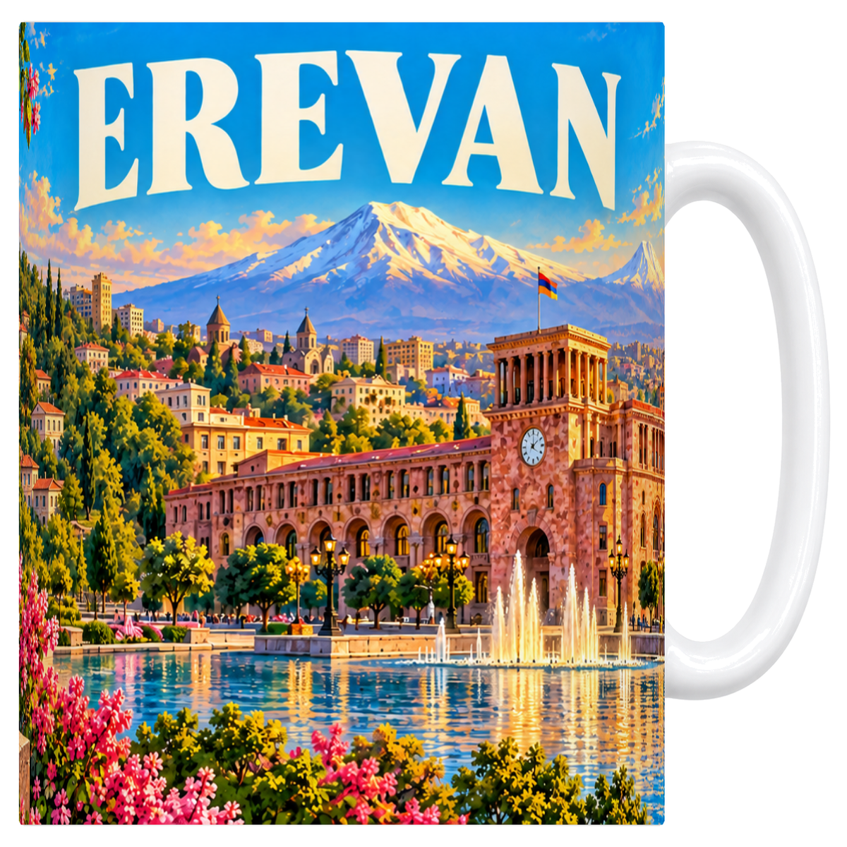 Mug blanc en céramique 330 ml illustré d'un panorama d'Erevan devant les montagnes