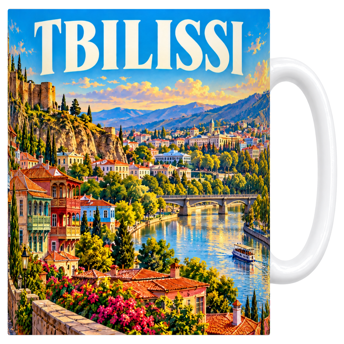 Mug blanc en céramique 330 ml illustré d'une affiche de Tbilissi