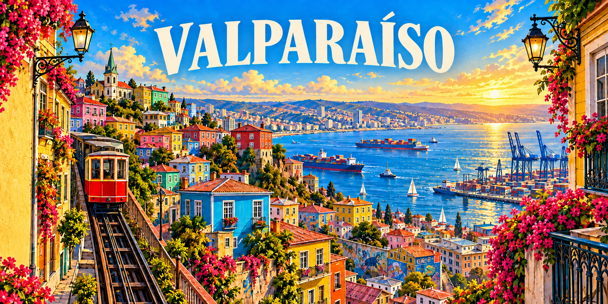 Affiche de Valparaiso : le nom en grandes capitales claires, un funiculaire rouge descendant la colline a gauche, les maisons colorees etagees, la baie et son port a conteneurs avec ses portiques et ses cargos, le soleil couchant sur le Pacifique et des bougainvilliers en encadrement