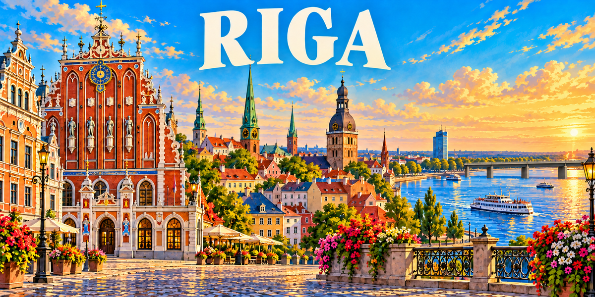 Affiche de Riga : le nom en grandes capitales blanches, une maison à pignon de brique richement décorée et son horloge à gauche, la place pavée et ses terrasses à parasols, les clochers verts de la vieille ville, la Daugava et son pont au fond, un bateau de promenade, une balustrade de fer forgé et des fleurs au premier plan