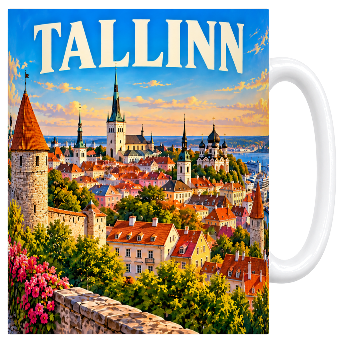 Mug blanc en céramique 330 ml illustré d'une affiche de Tallinn