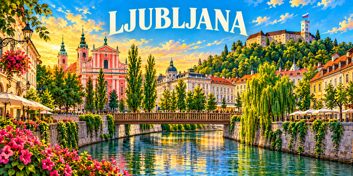 Affiche illustrée de Ljubljana : le nom LJUBLJANA en capitales blanches, une terrasse à parasols et fleurs à gauche, l'église franciscaine rose saumon et les façades blanches du quai au centre, une passerelle de bois sur la Ljubljanica, les saules pleureurs et le château sur sa colline boisée à droite