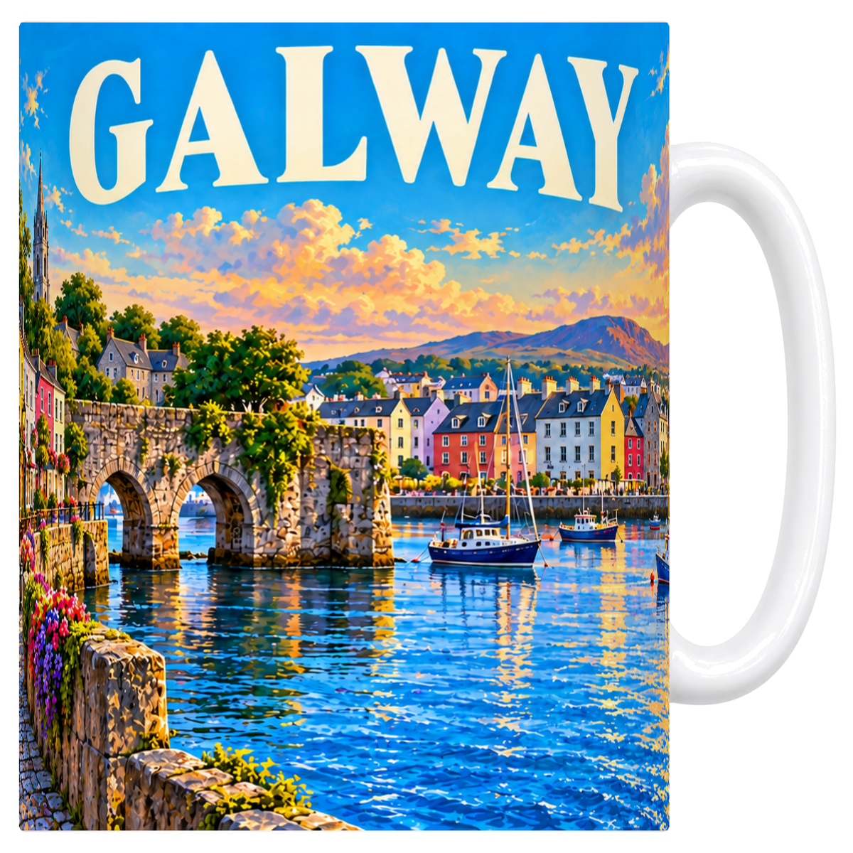 Mug blanc en céramique 330 ml illustré d'un panorama de Galway sur la baie