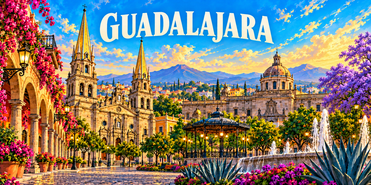 Affiche de Guadalajara : le nom en grandes capitales claires, la cathedrale et ses fleches jaunes, les coupoles et les facades coloniales de la place, un kiosque a musique et des fontaines, les montagnes au fond, des bougainvilliers roses a gauche, des jacarandas mauves et des agaves a droite