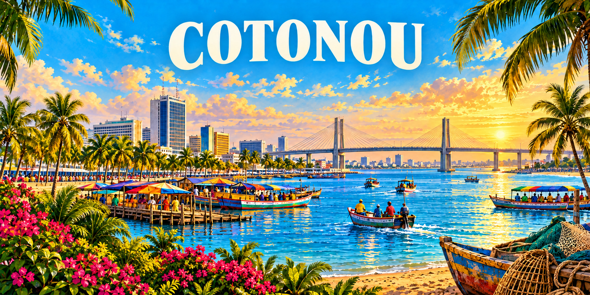 Affiche illustrée de Cotonou : le nom COTONOU en capitales blanches, des palmiers et des parasols de plage à gauche, les tours du centre-ville et un grand pont sur la lagune au centre, des pirogues et des barques colorées chargées de passagers, et un coucher de soleil sur l'océan à droite
