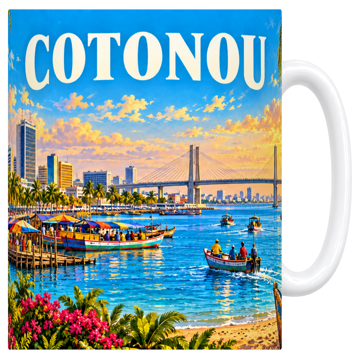 Mug blanc en céramique 330 ml illustré d'une affiche colorée de Cotonou