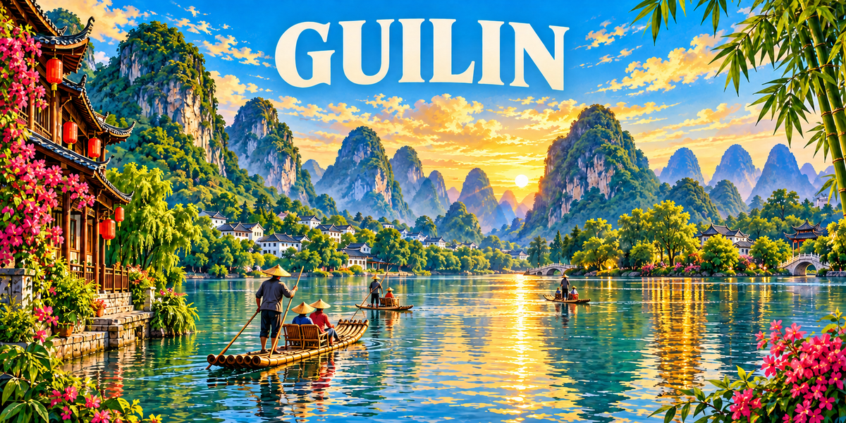 Panorama de Guilin : le nom GUILIN en capitales blanches, une maison traditionnelle à lanternes rouges à gauche, une rivière calme parcourue de radeaux de bambou, des pics karstiques en enfilade au centre, un pêcheur au chapeau conique et des bambous à droite