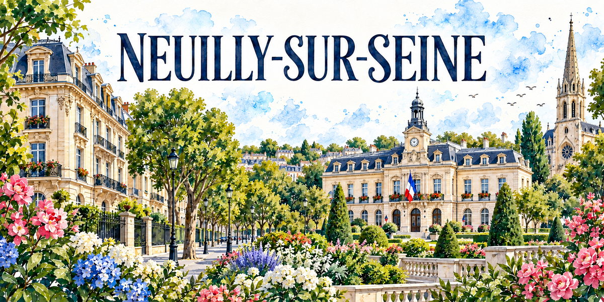 Aquarelle de Neuilly-sur-Seine : le nom en grandes capitales bleues, les immeubles haussmanniens et leurs balcons a gauche, l'hotel de ville et son horloge au centre sous le drapeau francais, un clocher neogothique a droite, une balustrade de pierre et des massifs fleuris au premier plan
