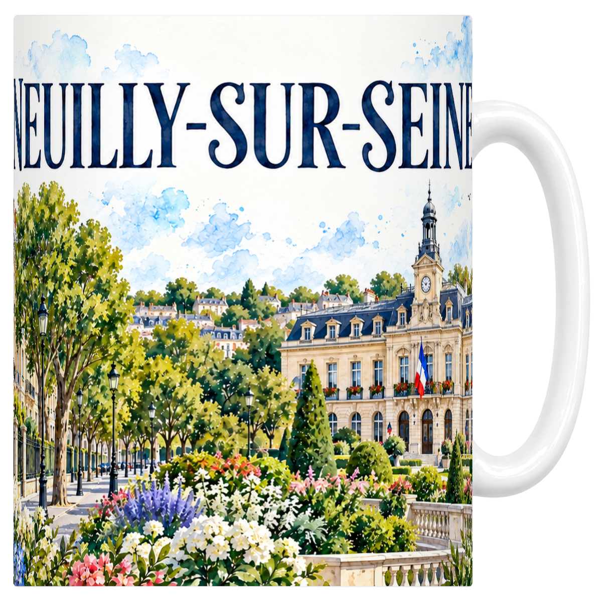 Mug blanc en ceramique 330 ml illustre d'une aquarelle de Neuilly-sur-Seine