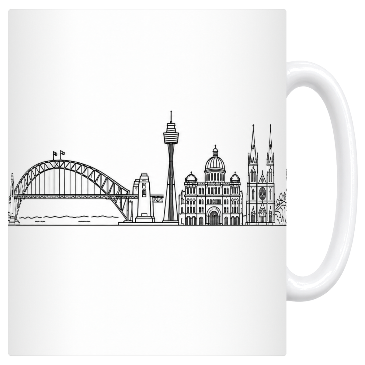 Mug blanc en céramique 330 ml illustré du skyline de Sydney au trait noir : Harbour Bridge, tour de Sydney et cathédrale Sainte-Marie
