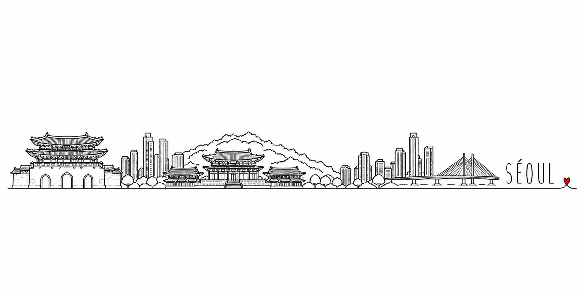 Skyline de Séoul dessiné au trait noir continu, de gauche à droite : porte Gwanghwamun et ses trois arches, tours du centre, colline de Namsan, salle du trône de Gyeongbokgung et pont à haubans sur le Han — avec le nom SÉOUL en capitales espacées et un petit cœur rouge