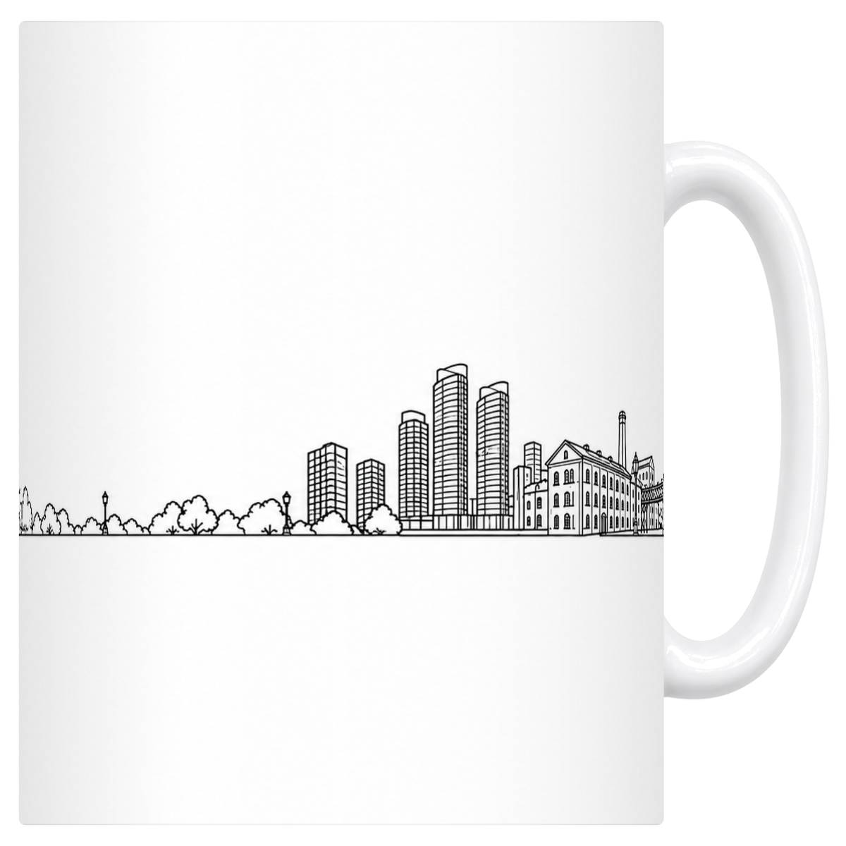 Mug blanc en céramique 330 ml illustré du skyline de Toronto au trait noir : Casa Loma et les tours du centre