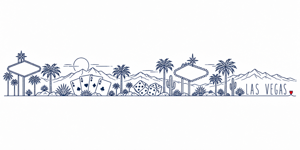 Silhouette de Las Vegas dessinée au trait noir continu, de gauche à droite : une enseigne à ampoules surmontée d'une étoile, les palmiers, un carré d'as, les dés, les cactus, une seconde enseigne et les montagnes du désert — avec le nom LAS VEGAS en capitales espacées et un petit cœur rouge