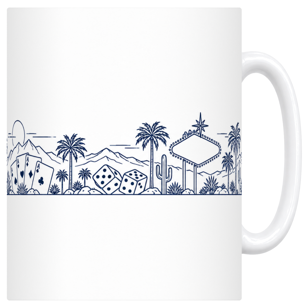 Mug blanc en céramique 330 ml illustré de la silhouette de Las Vegas au trait noir : enseignes du désert, palmiers, cartes, dés et montagnes