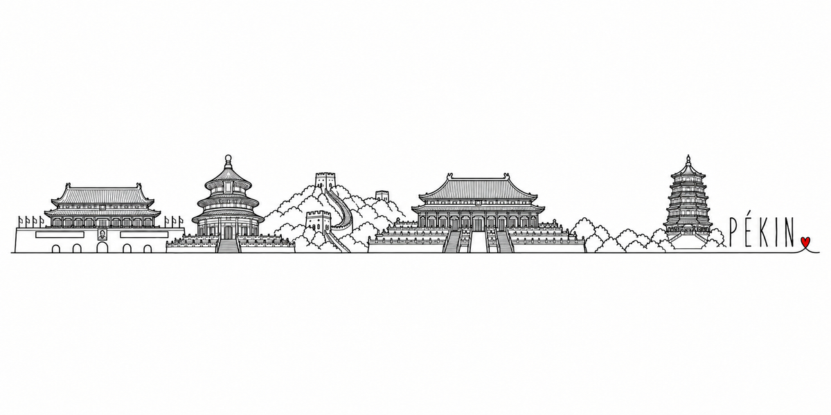 Skyline de Pékin dessiné au trait noir continu, de gauche à droite : porte Tian'anmen, salle ronde du temple du Ciel, pan de Grande Muraille, salle de l'Harmonie suprême et pagode à étages — avec le nom PÉKIN en capitales espacées et un petit cœur rouge