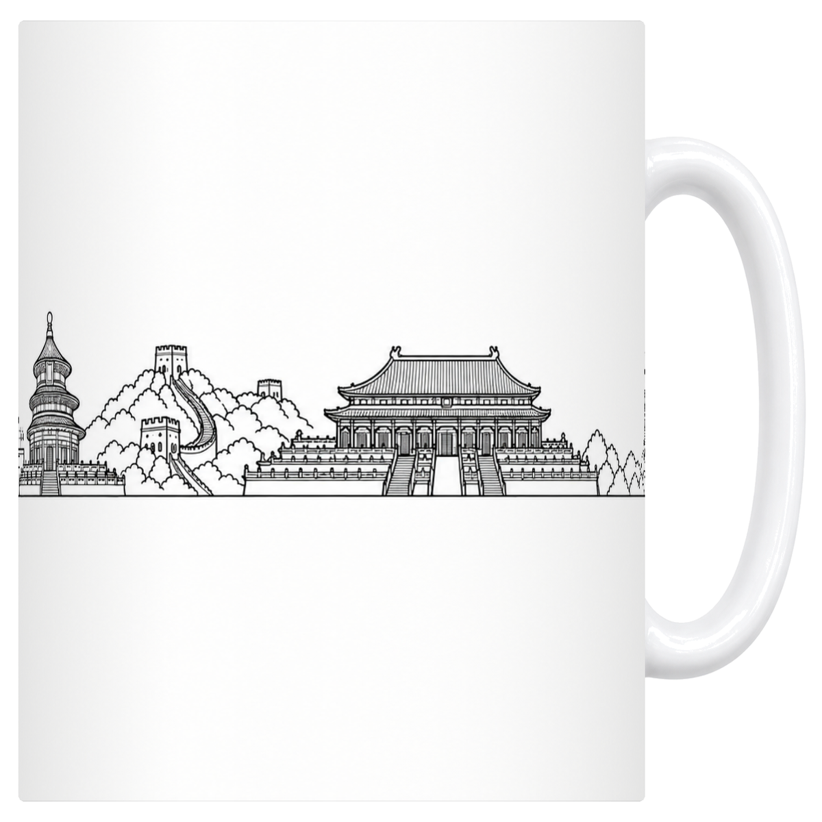 Mug blanc en céramique 330 ml illustré du skyline de Pékin au trait noir : Tian'anmen, temple du Ciel, Grande Muraille et Cité interdite