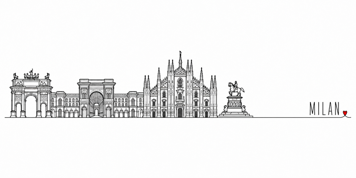 Skyline de Milan dessiné au trait noir continu, de gauche à droite : Arc de la Paix et son quadrige, arc de la Galleria Vittorio Emanuele II, façade du Duomo et ses flèches, statue équestre — avec le nom MILAN en capitales espacées et un petit cœur rouge