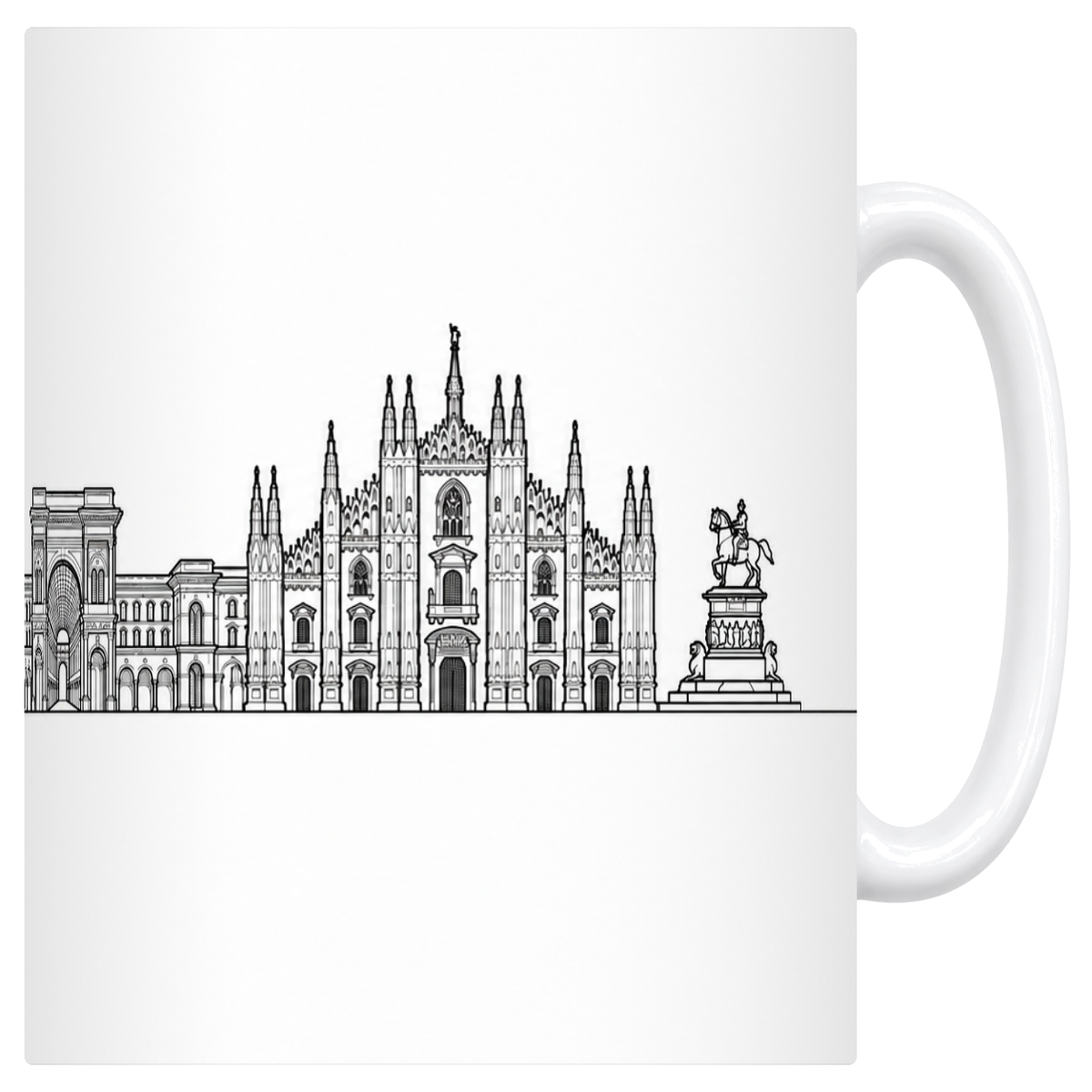 Mug blanc en céramique 330 ml illustré du skyline de Milan au trait noir : l'Arc de la Paix, la Galleria et le Duomo