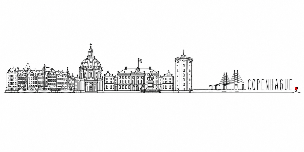 Skyline de Copenhague dessiné au trait noir continu, de gauche à droite : maisons et voiliers de Nyhavn, église de Marbre, Amalienborg et statue équestre, Tour Ronde et pont de l'Øresund — avec le nom COPENHAGUE en capitales espacées et un petit cœur rouge