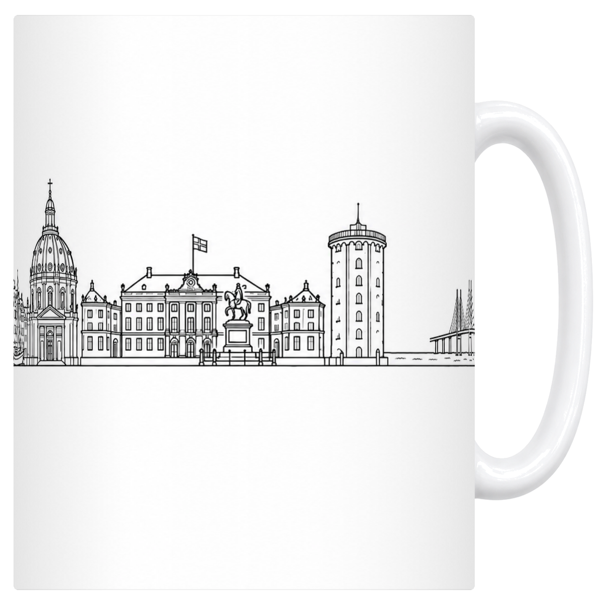 Mug blanc en céramique 330 ml illustré du skyline de Copenhague au trait noir : Nyhavn, église de Marbre et Tour Ronde
