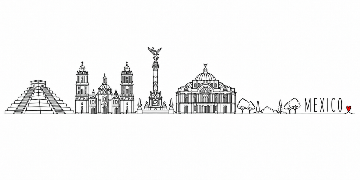 Skyline de Mexico dessiné au trait noir continu, de gauche à droite : pyramide à degrés, cathédrale métropolitaine, colonne de l'Ange de l'Indépendance et Palacio de Bellas Artes — avec le nom MEXICO en capitales espacées et un petit cœur rouge