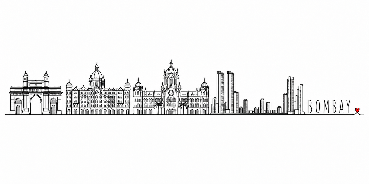 Skyline de Bombay dessiné au trait noir continu, de gauche à droite : l'arche de la Porte de l'Inde, les arbres, la coupole et les tourelles de l'hôtel du front de mer, les palmiers, la gare et sa coupole de pierre, les tours du centre et les gratte-ciel du fond — avec le nom BOMBAY en capitales espacées et un petit cœur rouge